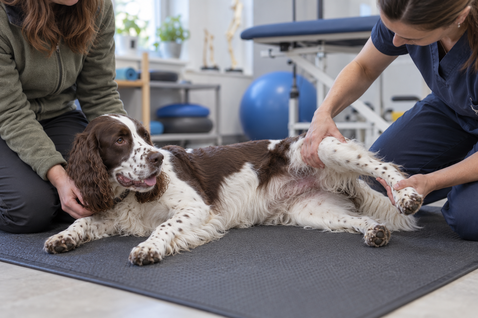 Veterinárka kontroluje rozsah pohybu zadnej končatiny psa